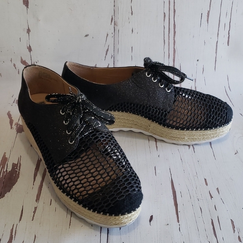 INC 10 black glitter mesh lace up espadrilles